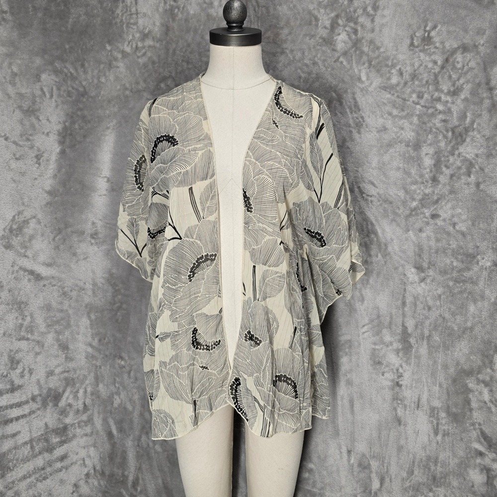 Emory Park Kimono Women Small Cream Black Floral Gold Metallic Sheer Open Front
